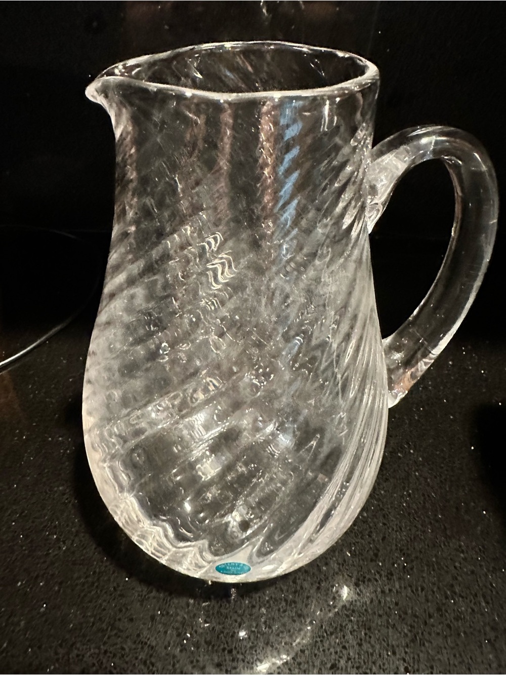 Tiffany and Co Clear Swirl Glass Pitcher with Blue Sticker